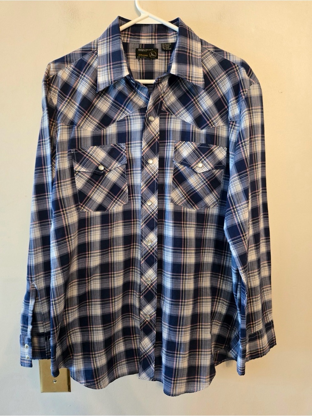 Vintage Jcpenny western style plaid pearl snap button long sleeve shirt Size L
